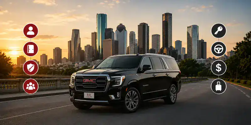 Black GMC Yukon comparing private transportation and rental cars, highlighting chauffeur service, convenience, comfort, and stress-free long-distance travel from Houston.